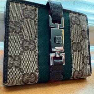 Gucci Jackie Sherryline Beige/Dark Brown GG Canvas & Leather Compact Wallet